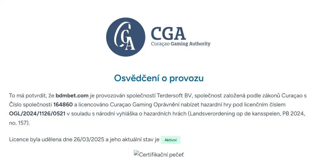 Certificate of Operation pro bdmbet.com od Curaçao Gaming Authority