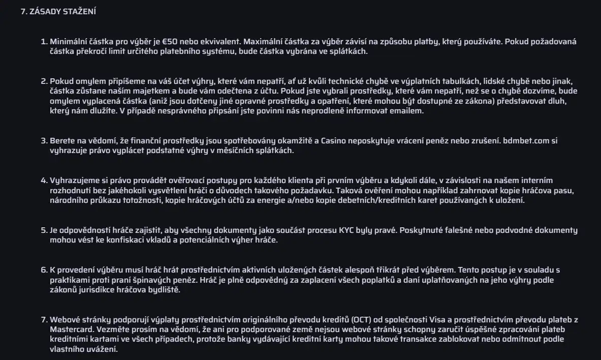 Aktuální podmínky BDMbet k výběrům peněz