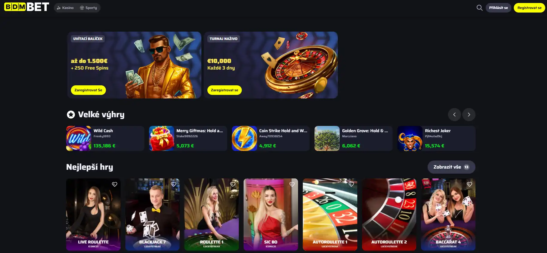 Aktuální live casino lobby BDMbet s živými stoly