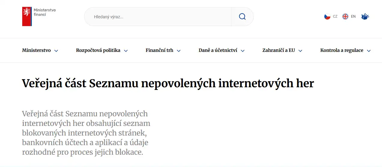Záznam bdmbet.com ve veřejném seznamu nepovolených internetových her Ministerstva financí ČR